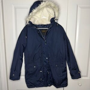 Belladonna Parka Size Large Faux Fur Lined Hoodie Quilted Inside Navy Blue EUC